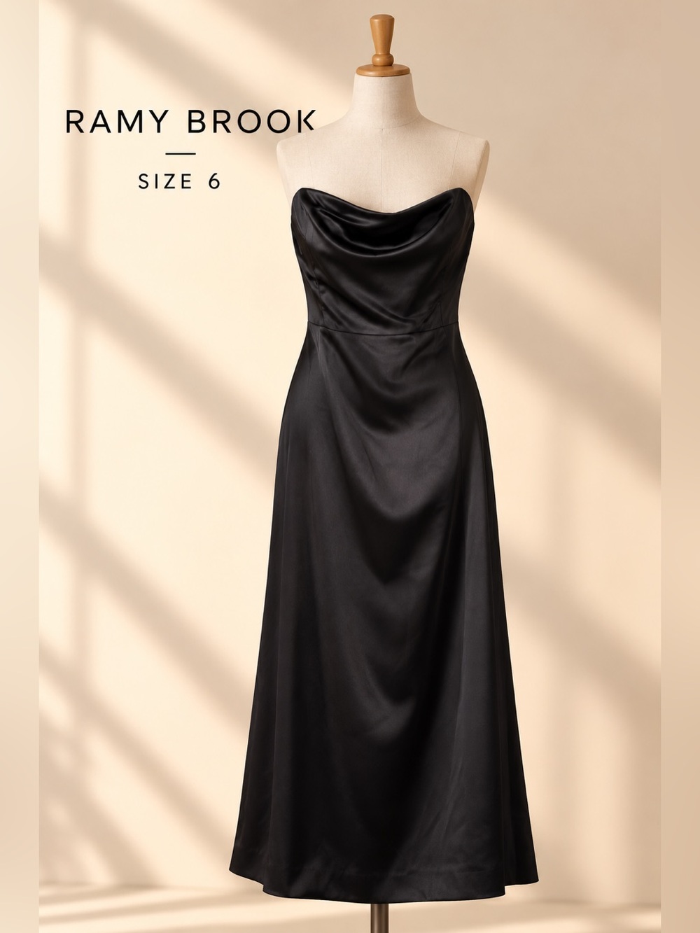 Ramy Brook Black Satin Strapless Cowl Neck Midi Dress Size 6